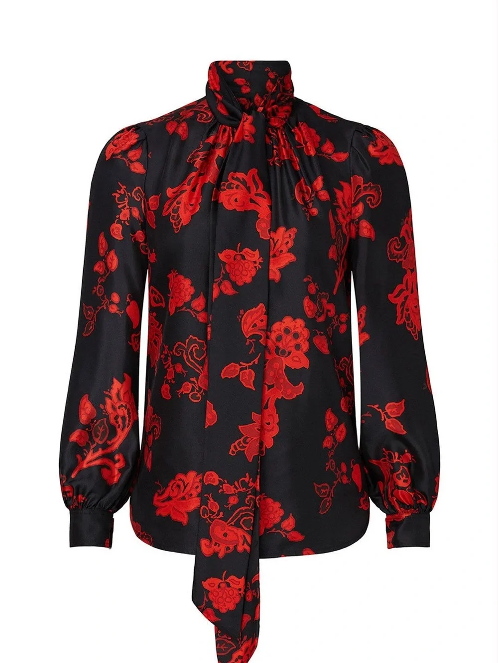 Tory Burch Black Blouse with Red Floral Tie-Neck